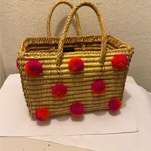 Nannacay Woven Straw Tote Bag Pom Pom accents